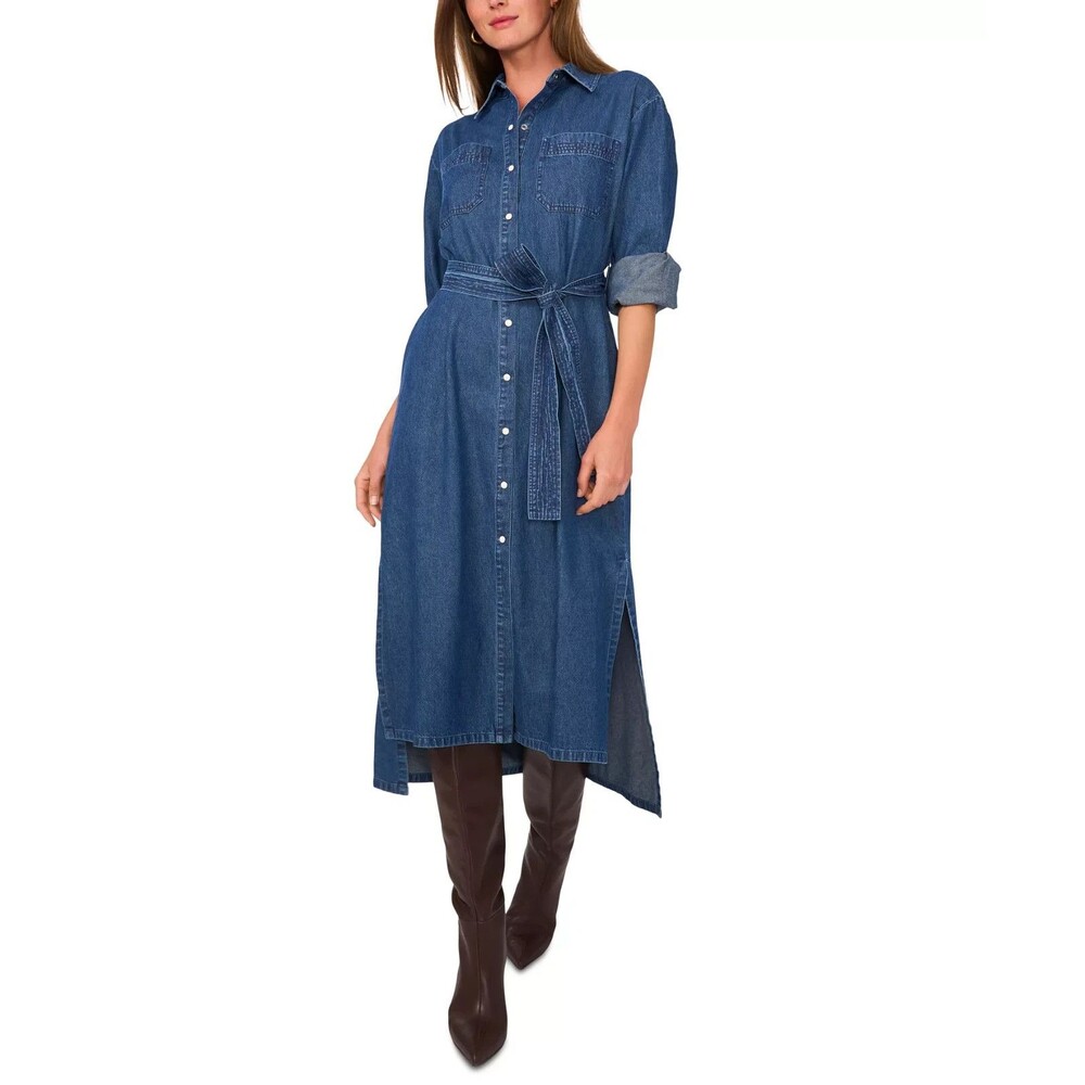 1.STATE Women's Long-Sleeve Cotton Denim Midi Shirtdress Dark Blue Wash XL
